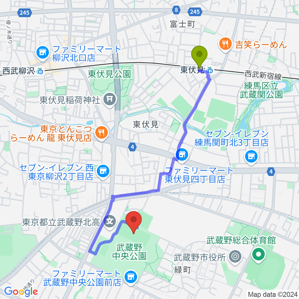 武蔵野中央公園スポーツ広場の最寄駅東伏見駅からの徒歩ルート（約18分）地図