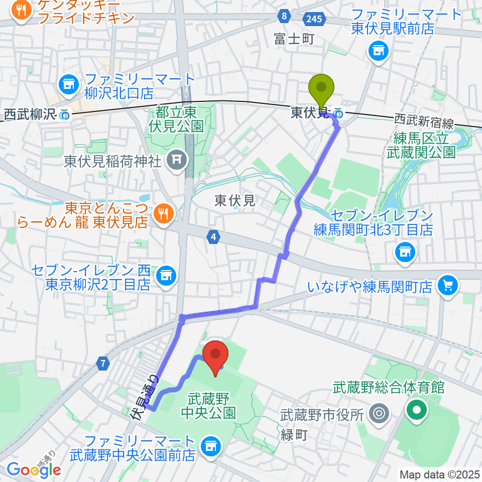 武蔵野中央公園スポーツ広場の最寄駅東伏見駅からの徒歩ルート（約18分）地図