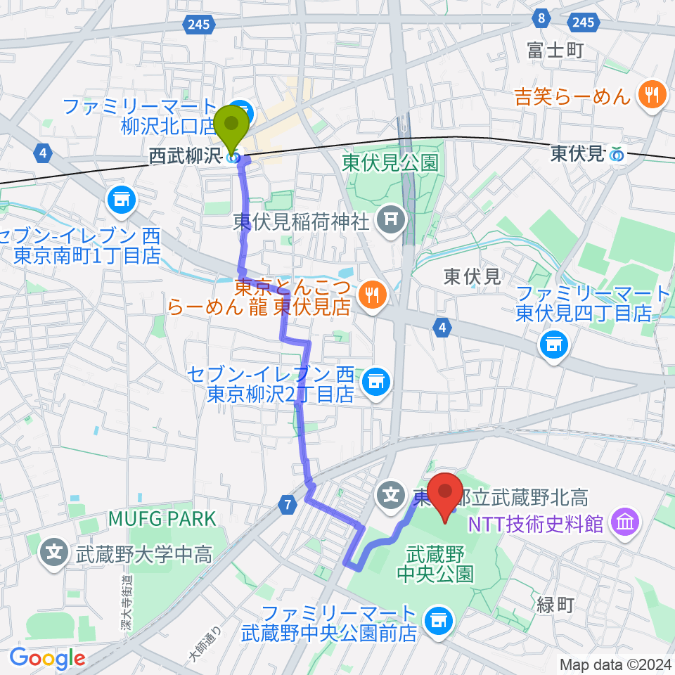 西武柳沢駅から武蔵野中央公園スポーツ広場へのルートマップ地図