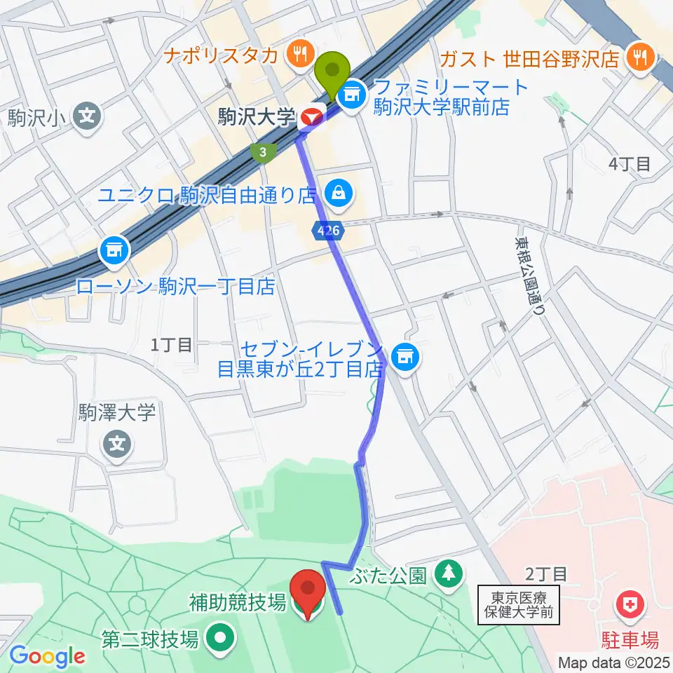 駒沢オリンピック公園補助競技場の最寄駅駒沢大学駅からの徒歩ルート（約12分）地図