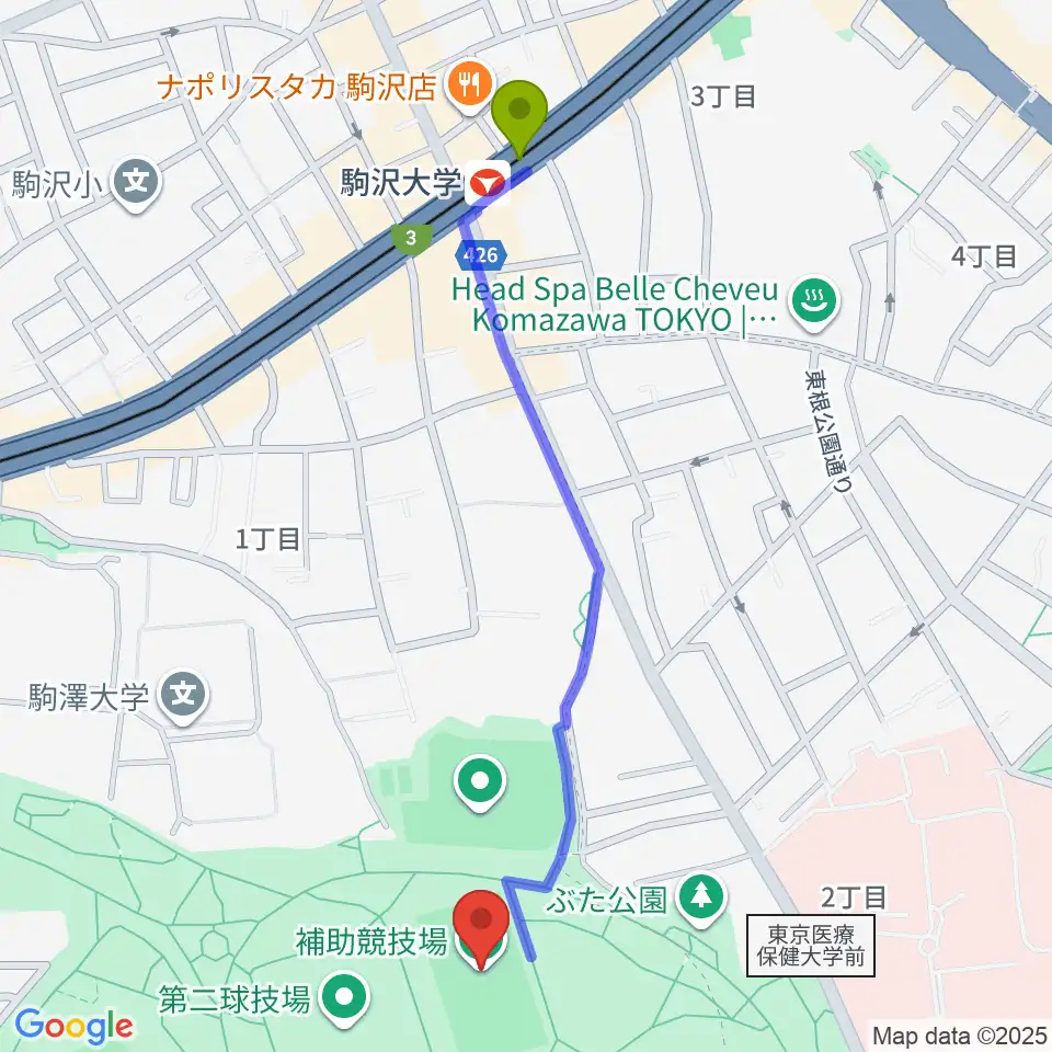 駒沢オリンピック公園補助競技場の最寄駅駒沢大学駅からの徒歩ルート（約12分）地図