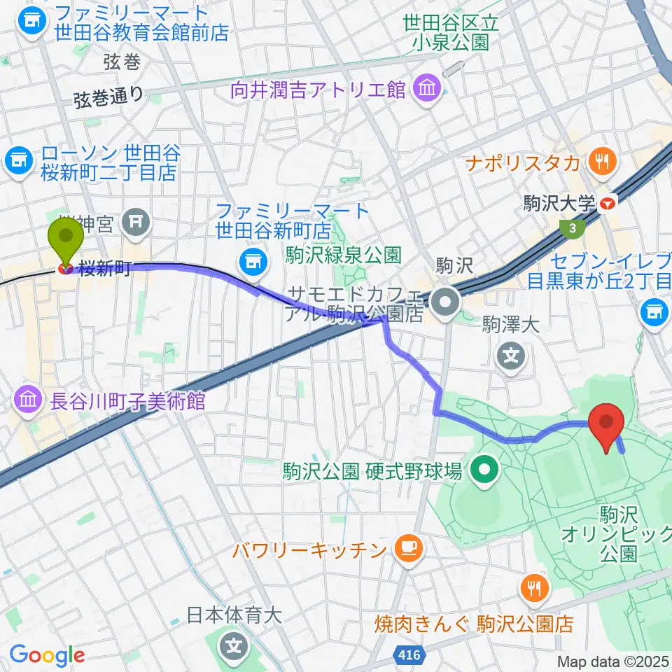 桜新町駅から駒沢オリンピック公園補助競技場へのルートマップ地図