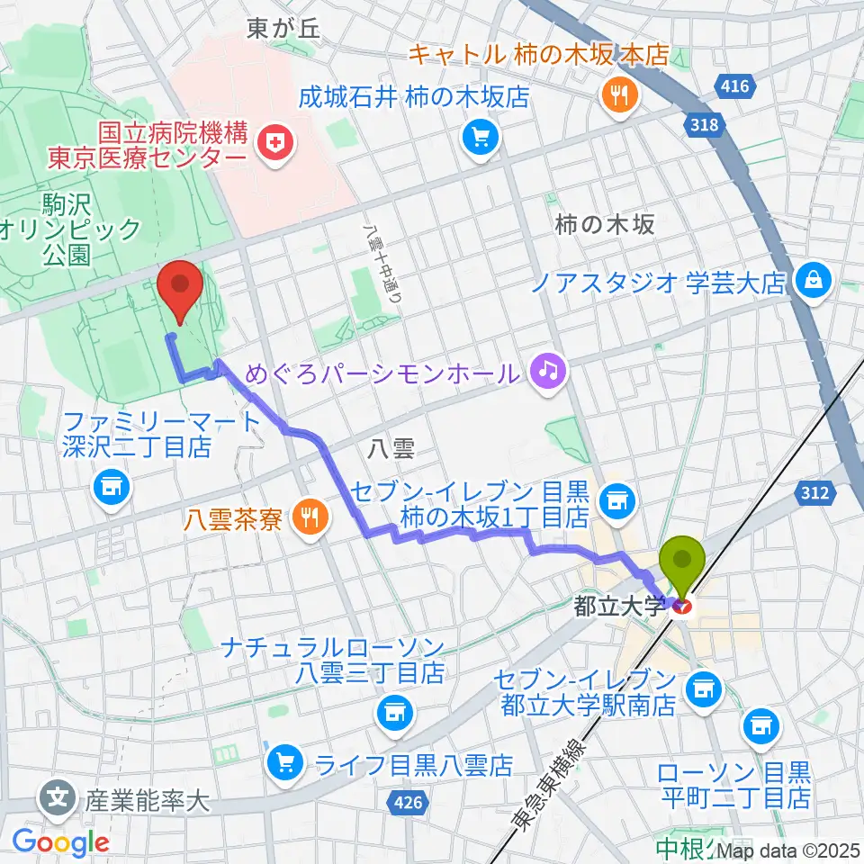 都立大学駅から駒沢オリンピック公園軟式野球場へのルートマップ地図