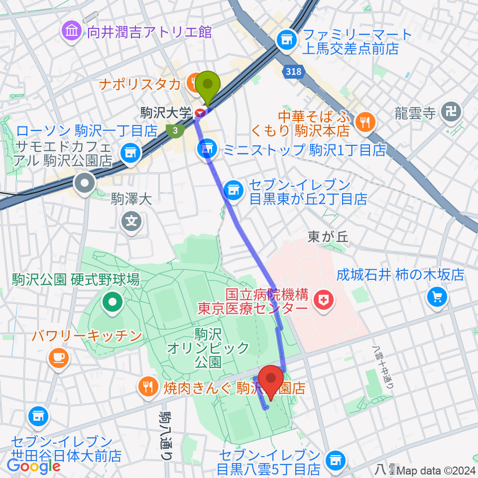 駒沢オリンピック公園軟式野球場の最寄駅駒沢大学駅からの徒歩ルート（約20分）地図