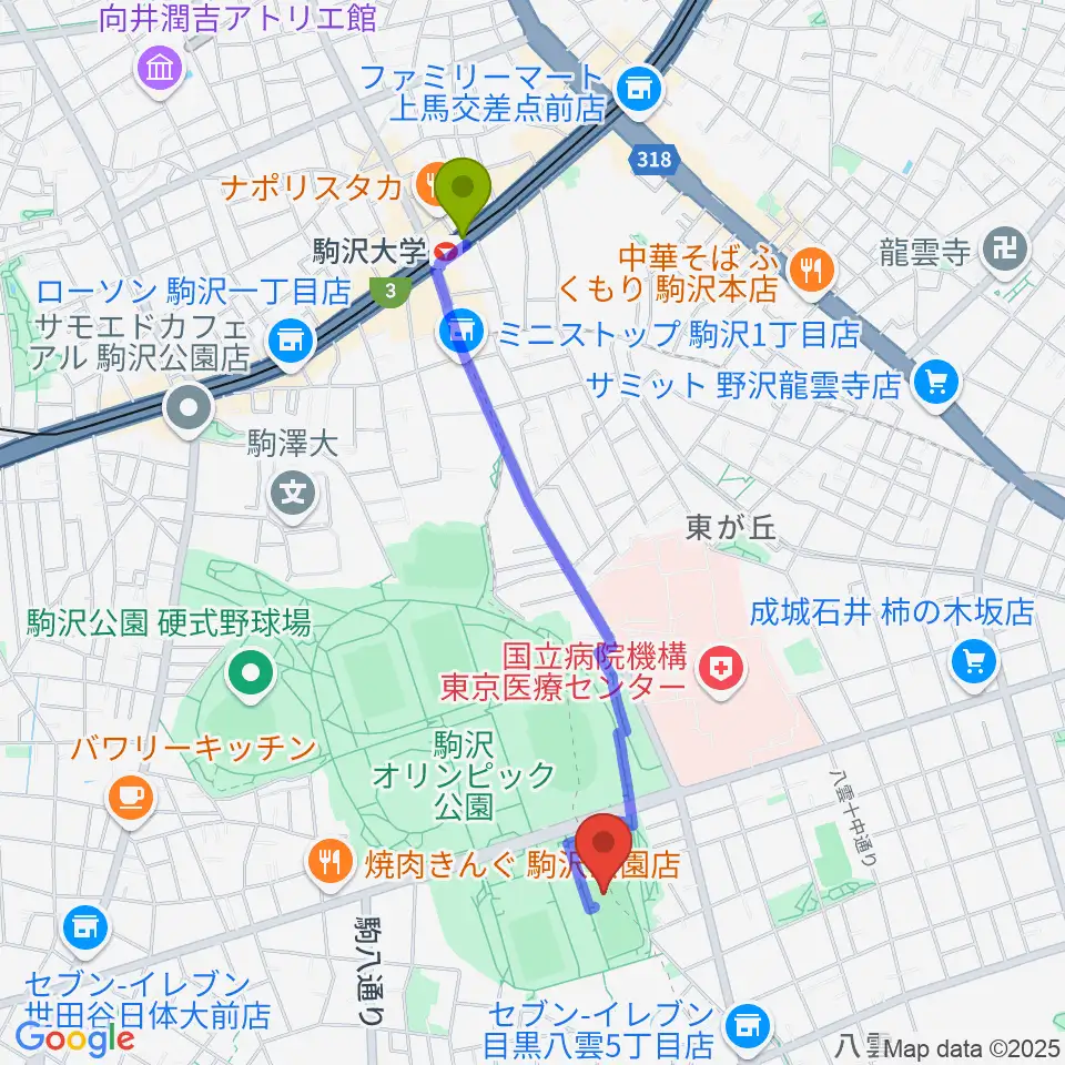 駒沢オリンピック公園軟式野球場の最寄駅駒沢大学駅からの徒歩ルート（約20分）地図