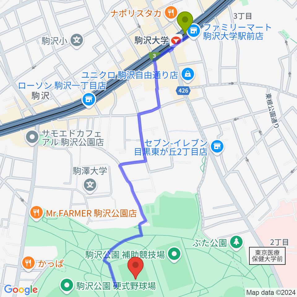 駒沢オリンピック公園第二球技場の最寄駅駒沢大学駅からの徒歩ルート（約13分）地図