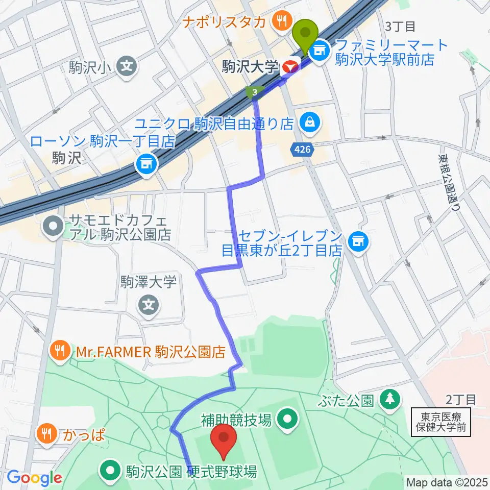 駒沢オリンピック公園第二球技場の最寄駅駒沢大学駅からの徒歩ルート（約13分）地図