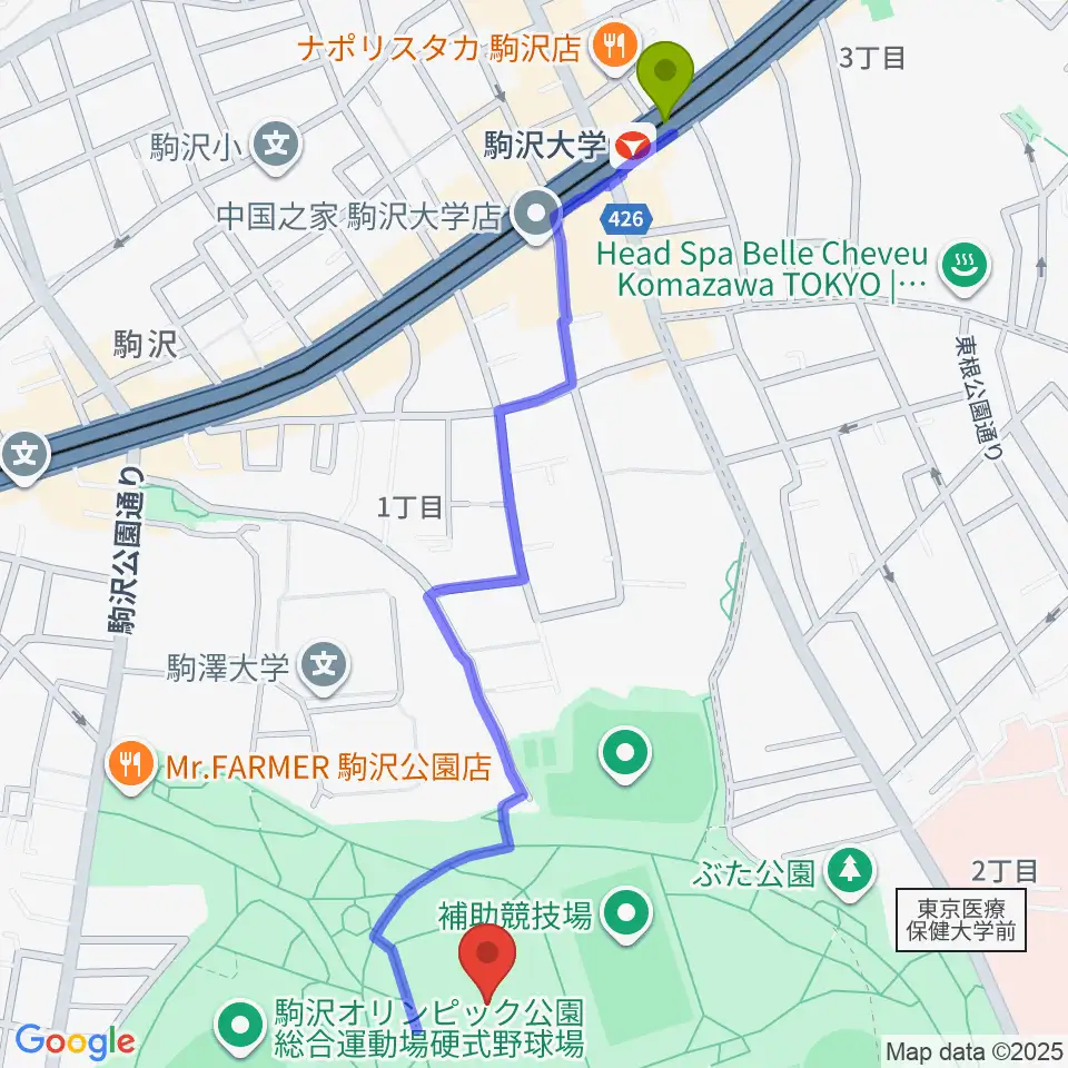 駒沢オリンピック公園第二球技場の最寄駅駒沢大学駅からの徒歩ルート（約13分）地図