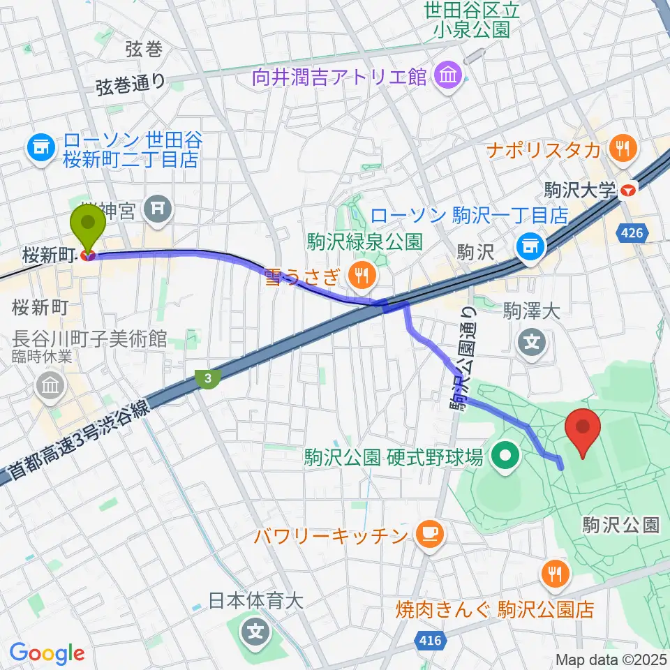 桜新町駅から駒沢オリンピック公園第二球技場へのルートマップ地図