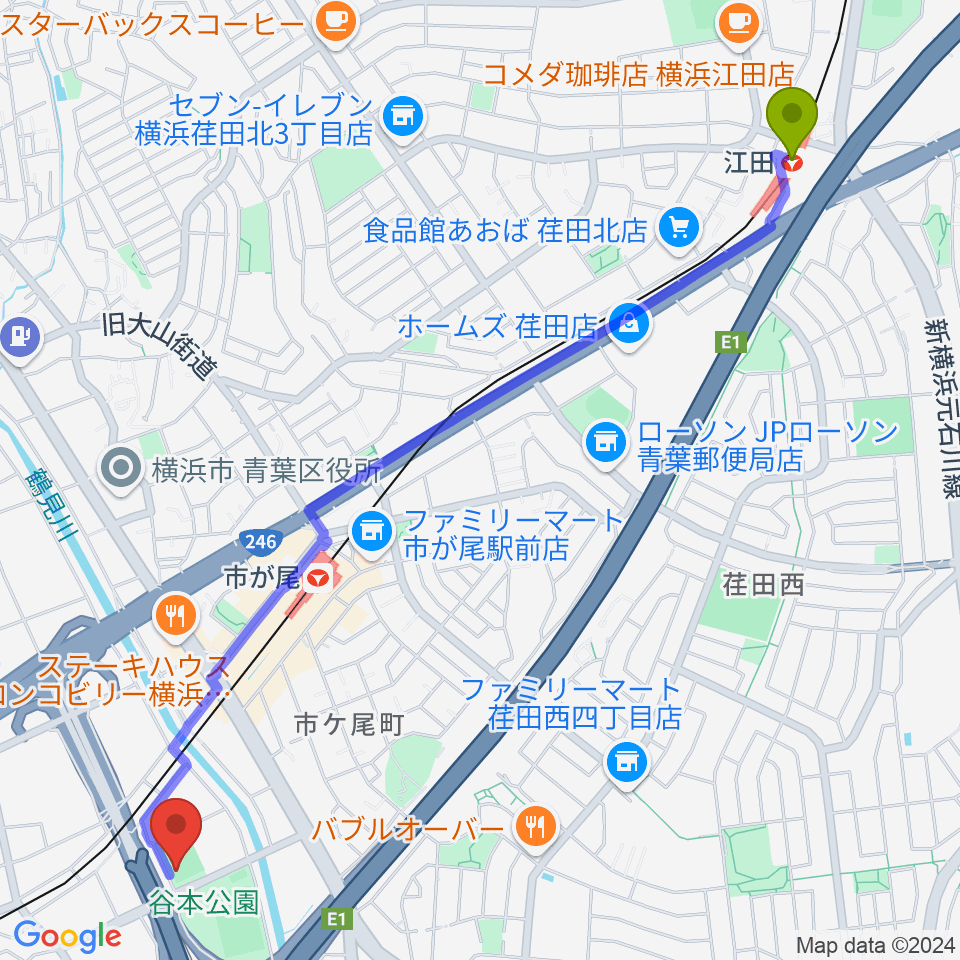 江田駅から谷本公園多目的運動広場へのルートマップ地図