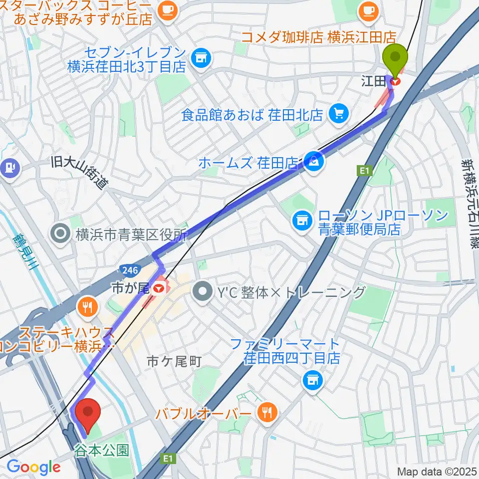 江田駅から谷本公園多目的運動広場へのルートマップ地図