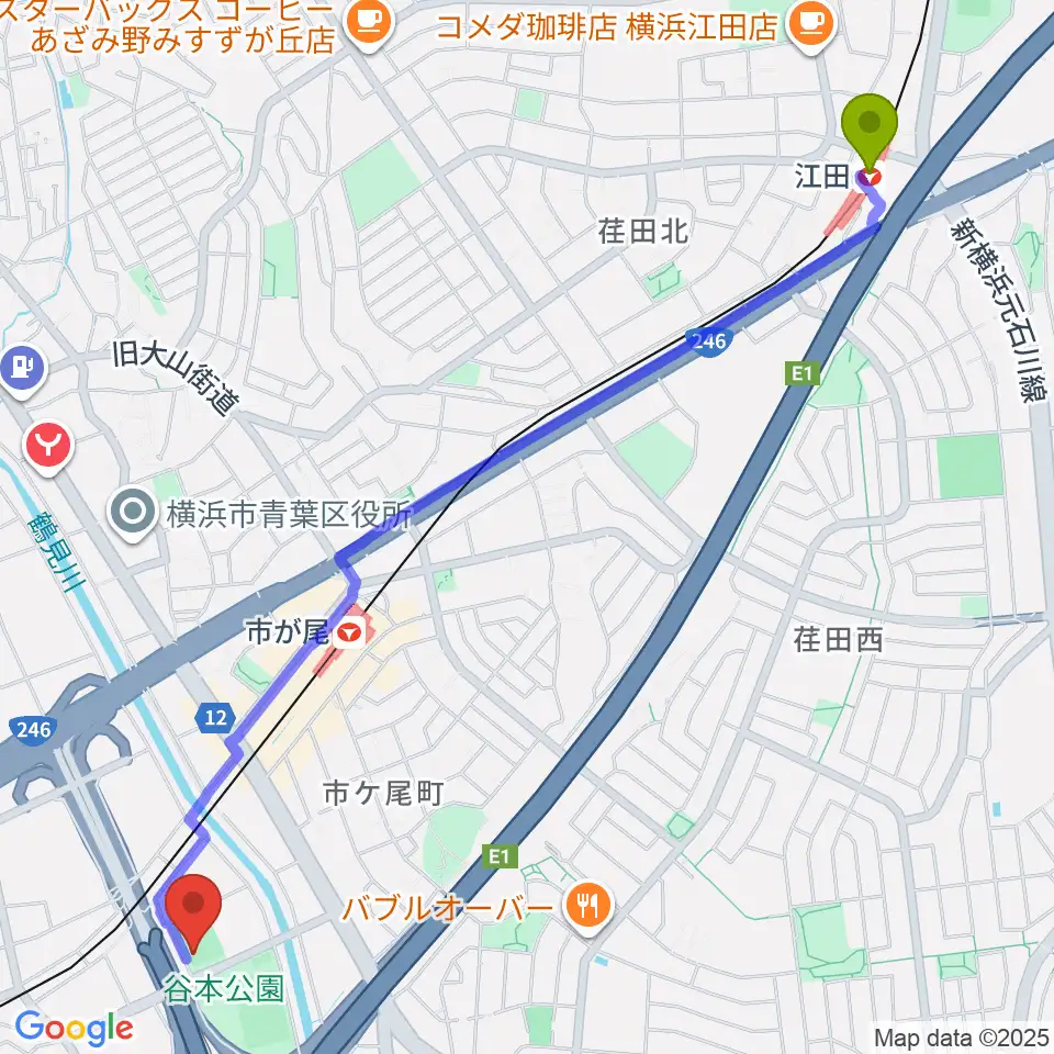江田駅から谷本公園多目的運動広場へのルートマップ地図