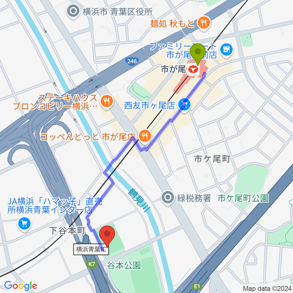 谷本公園多目的運動広場の最寄駅市が尾駅からの徒歩ルート（約11分）地図