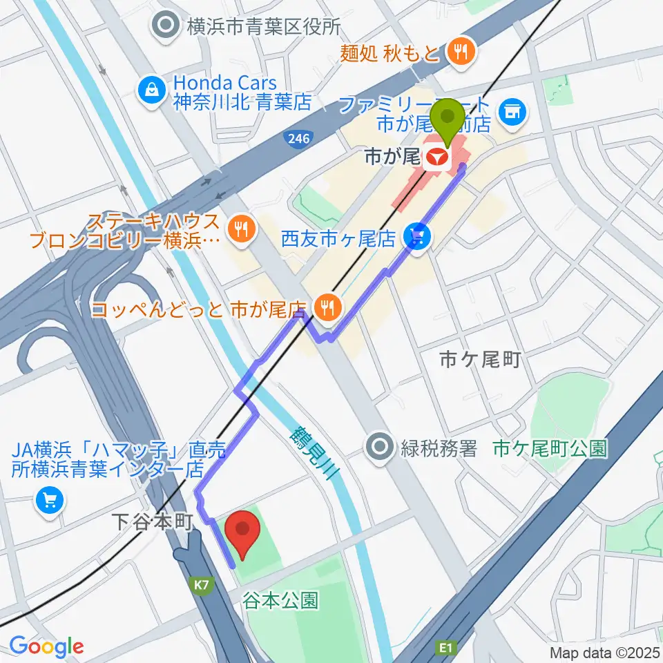 谷本公園多目的運動広場の最寄駅市が尾駅からの徒歩ルート（約11分）地図