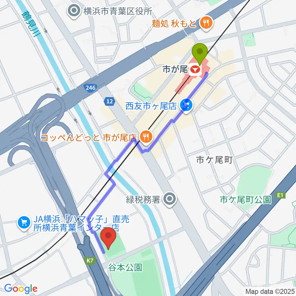 谷本公園多目的運動広場の最寄駅市が尾駅からの徒歩ルート（約11分）地図