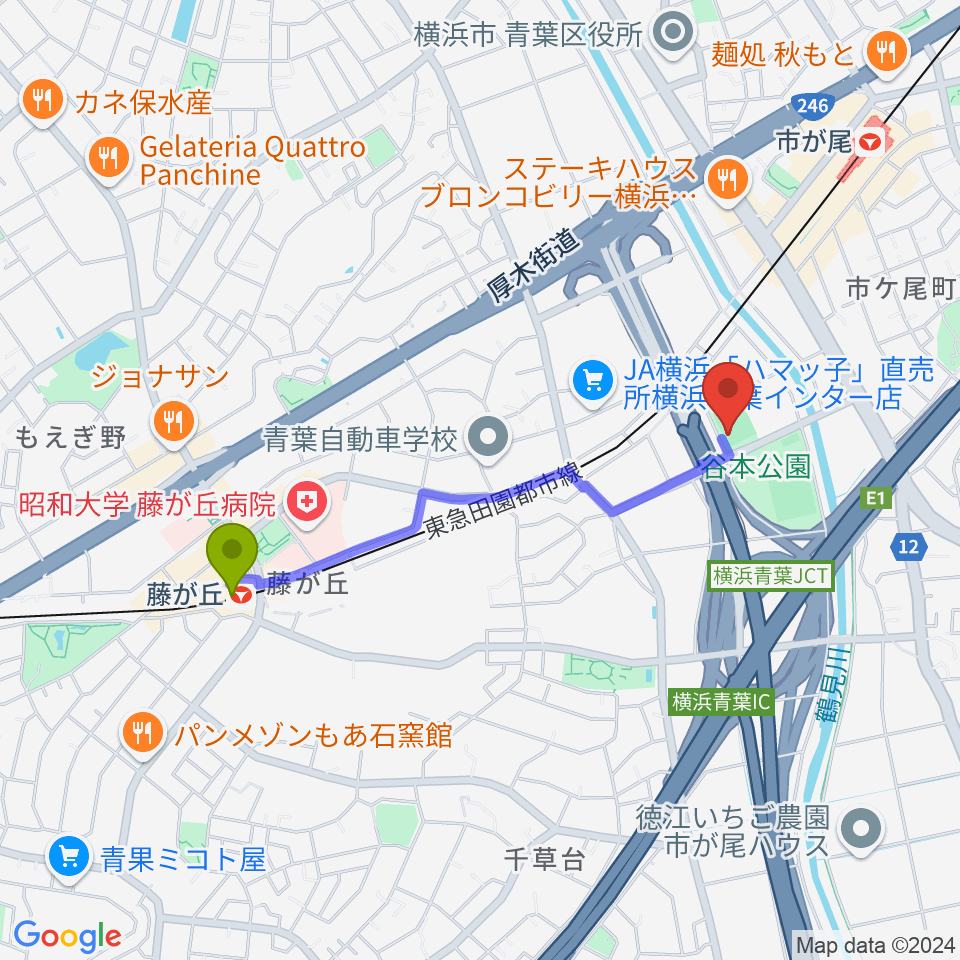 藤が丘駅から谷本公園多目的運動広場へのルートマップ地図