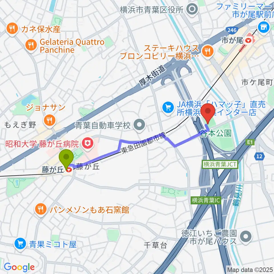 藤が丘駅から谷本公園多目的運動広場へのルートマップ地図