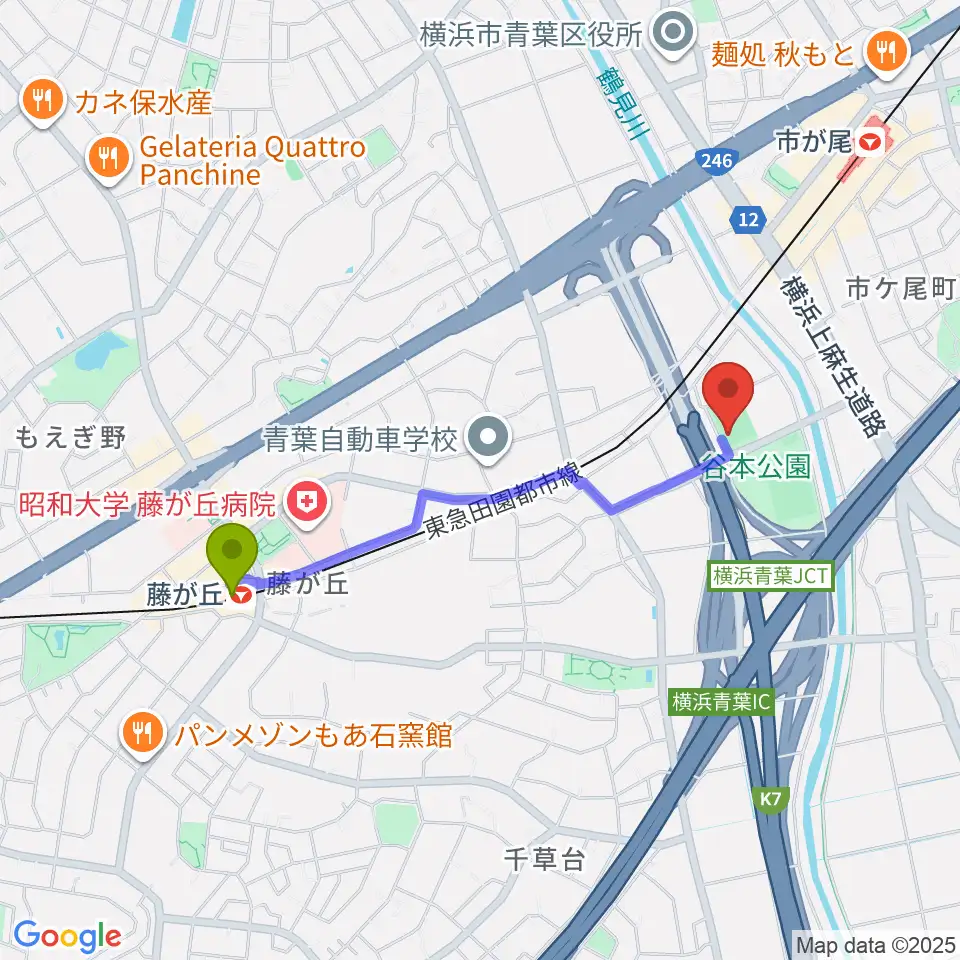 藤が丘駅から谷本公園多目的運動広場へのルートマップ地図