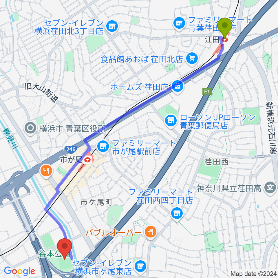 江田駅から谷本公園球技場 へのルートマップ地図