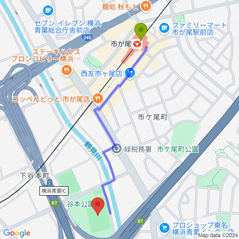 谷本公園球技場 の最寄駅市が尾駅からの徒歩ルート（約12分）地図