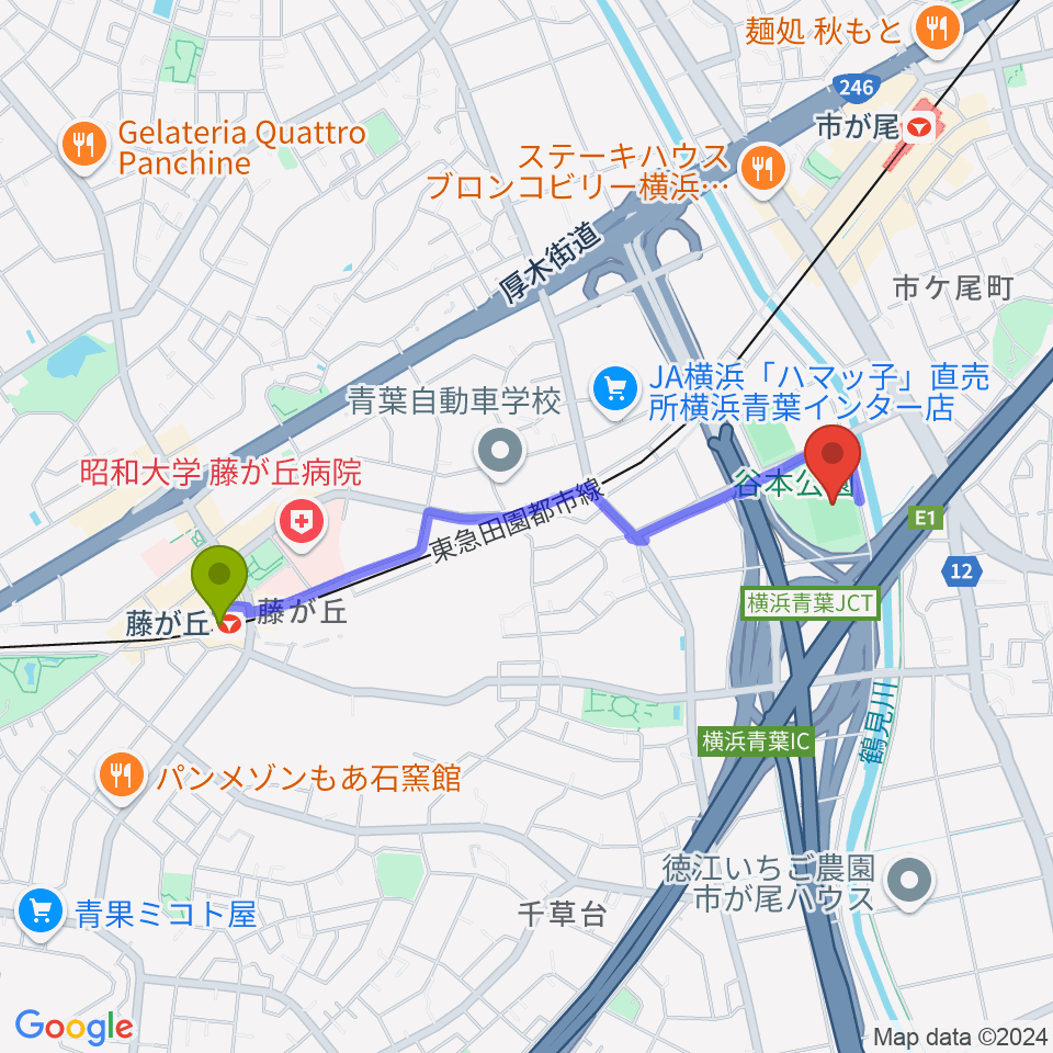 藤が丘駅から谷本公園球技場 へのルートマップ地図