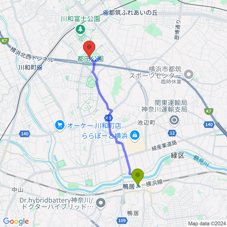 鴨居駅から都田公園運動広場 へのルートマップ地図