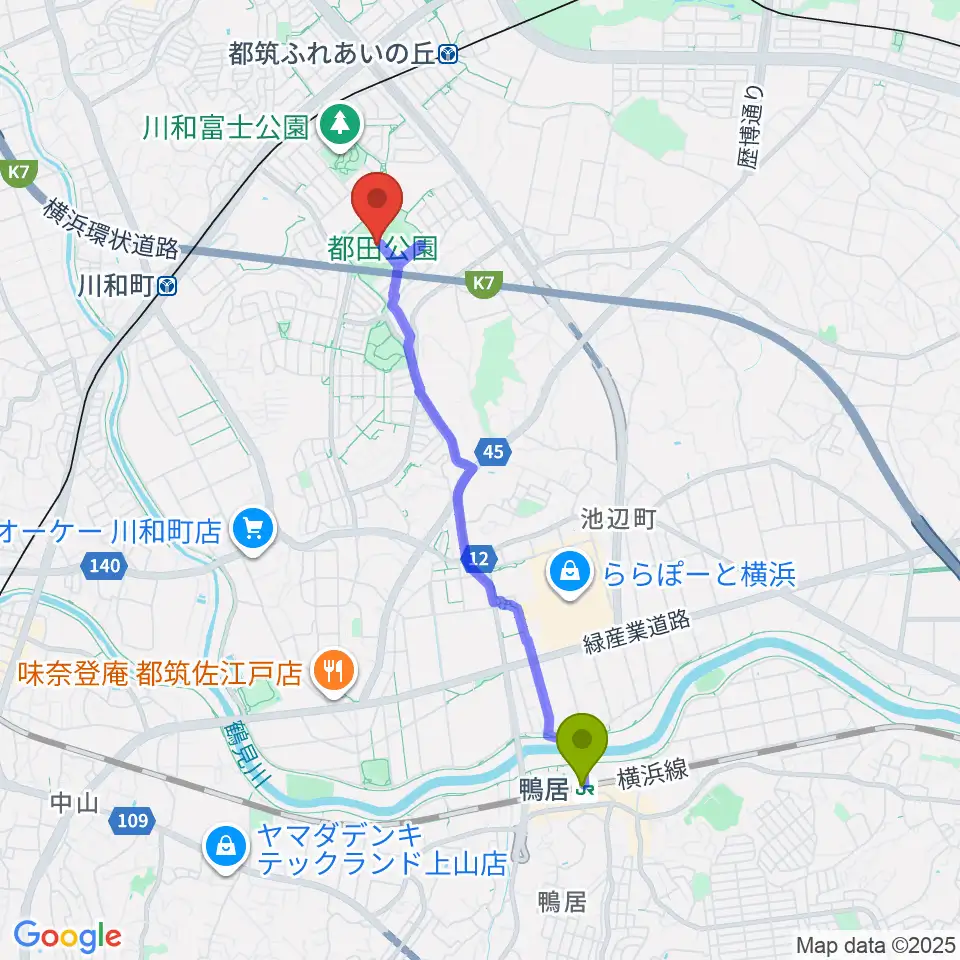 鴨居駅から都田公園運動広場 へのルートマップ地図