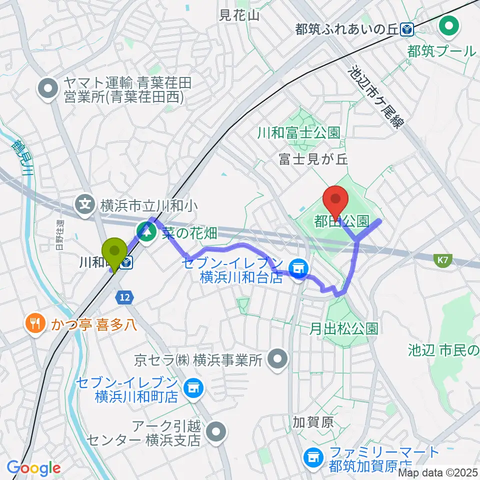 川和町駅から都田公園運動広場 へのルートマップ地図