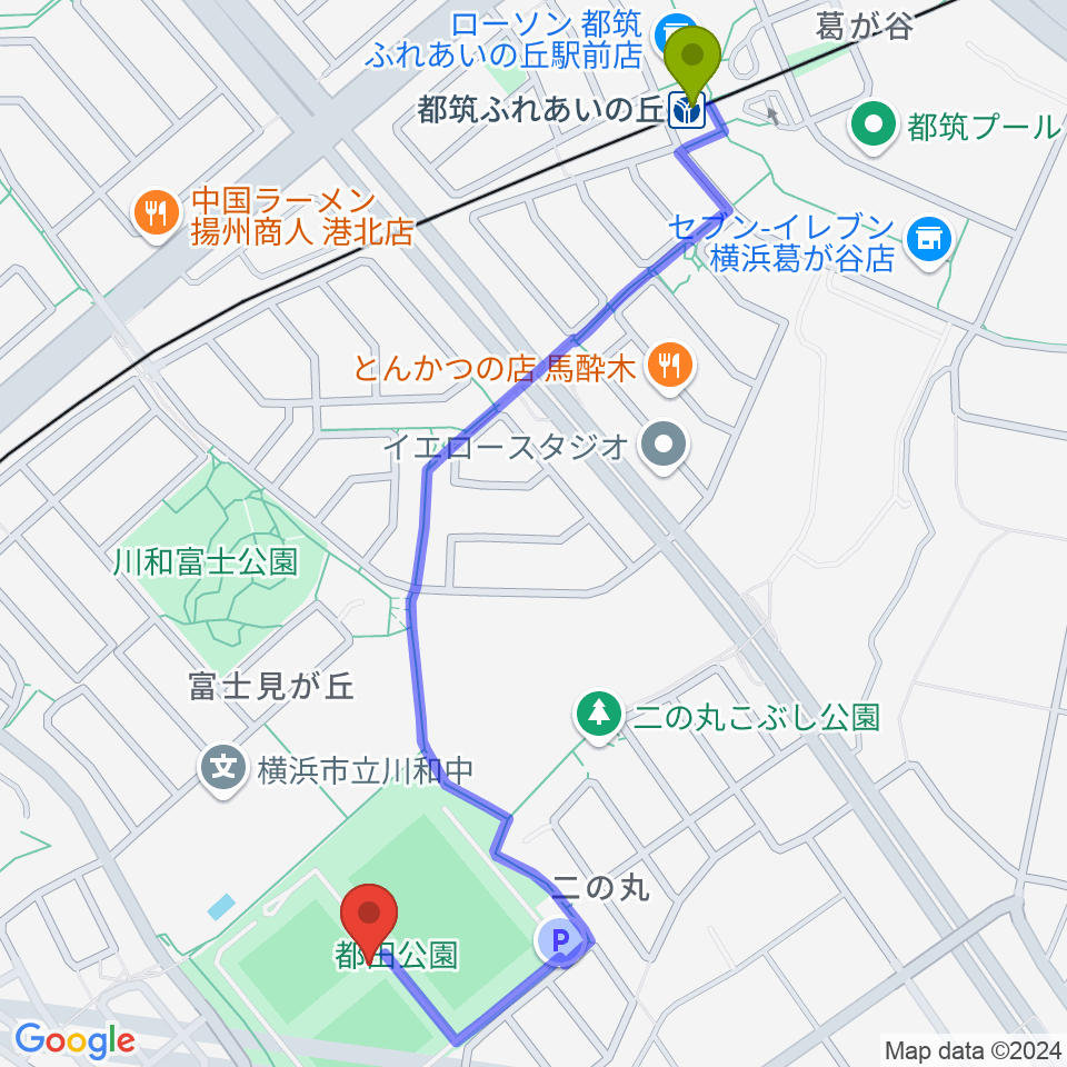 都田公園運動広場 の最寄駅都筑ふれあいの丘駅からの徒歩ルート（約13分）地図