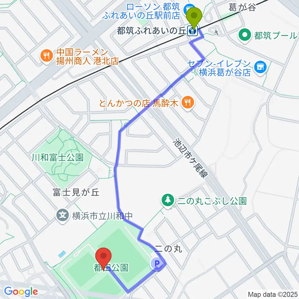 都田公園運動広場 の最寄駅都筑ふれあいの丘駅からの徒歩ルート（約13分）地図