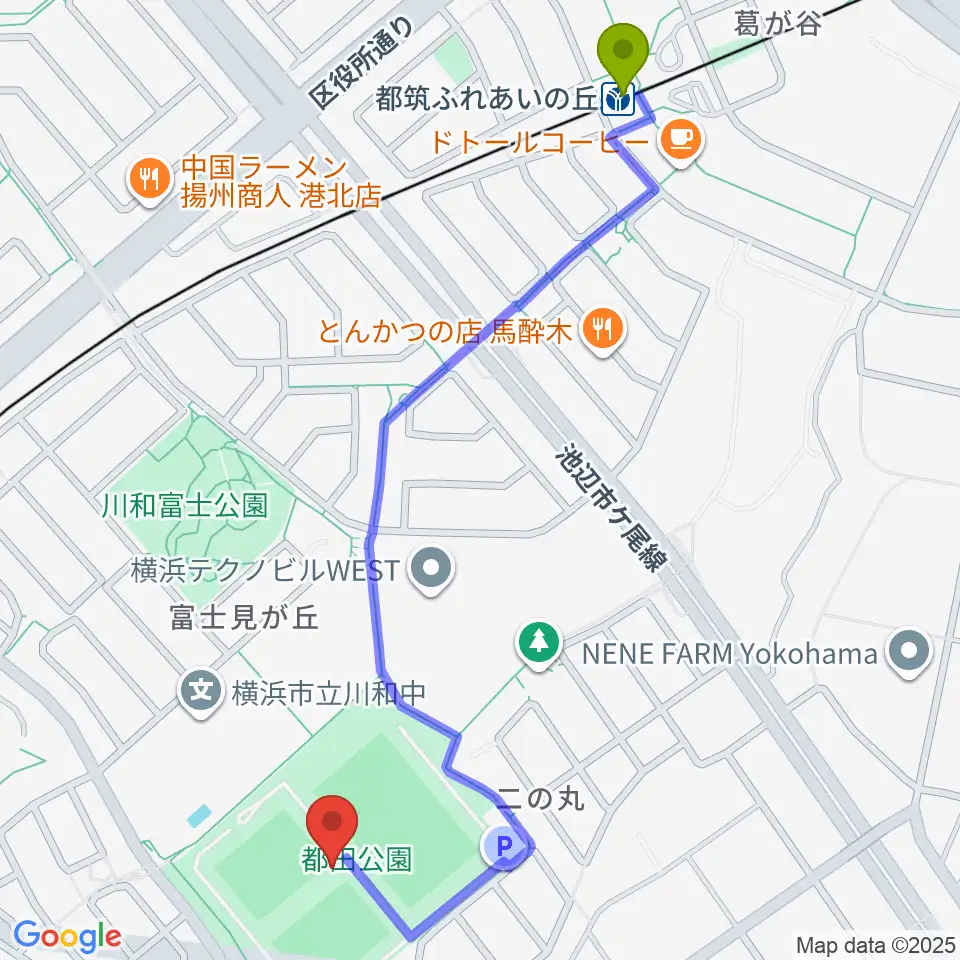 都田公園運動広場 の最寄駅都筑ふれあいの丘駅からの徒歩ルート（約13分）地図
