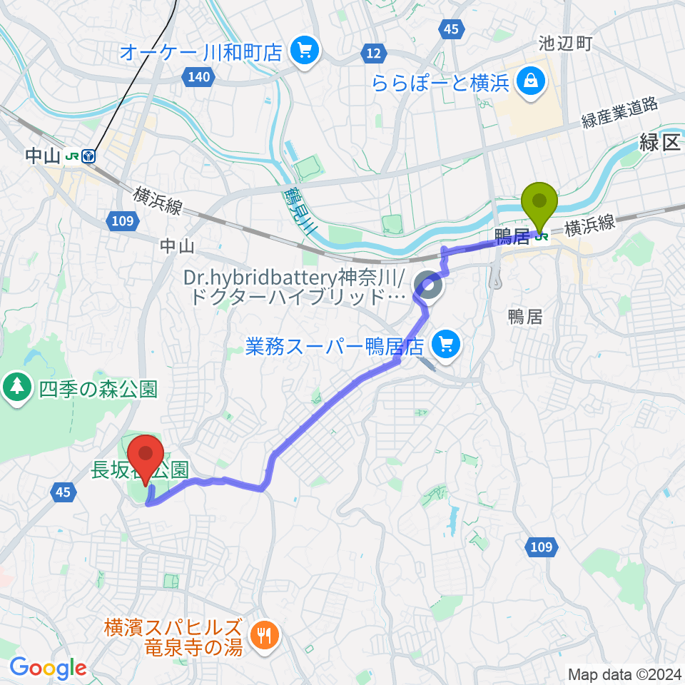 鴨居駅から長坂谷公園野球場へのルートマップ地図