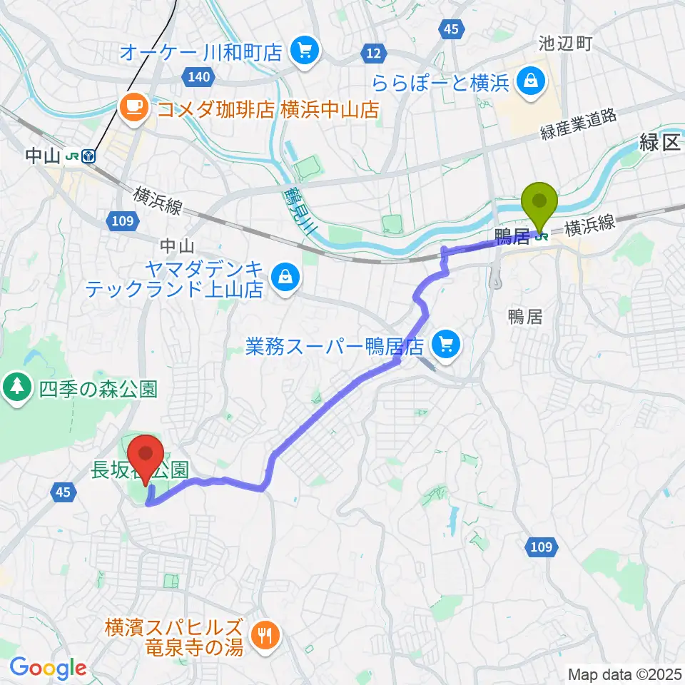 鴨居駅から長坂谷公園野球場へのルートマップ地図