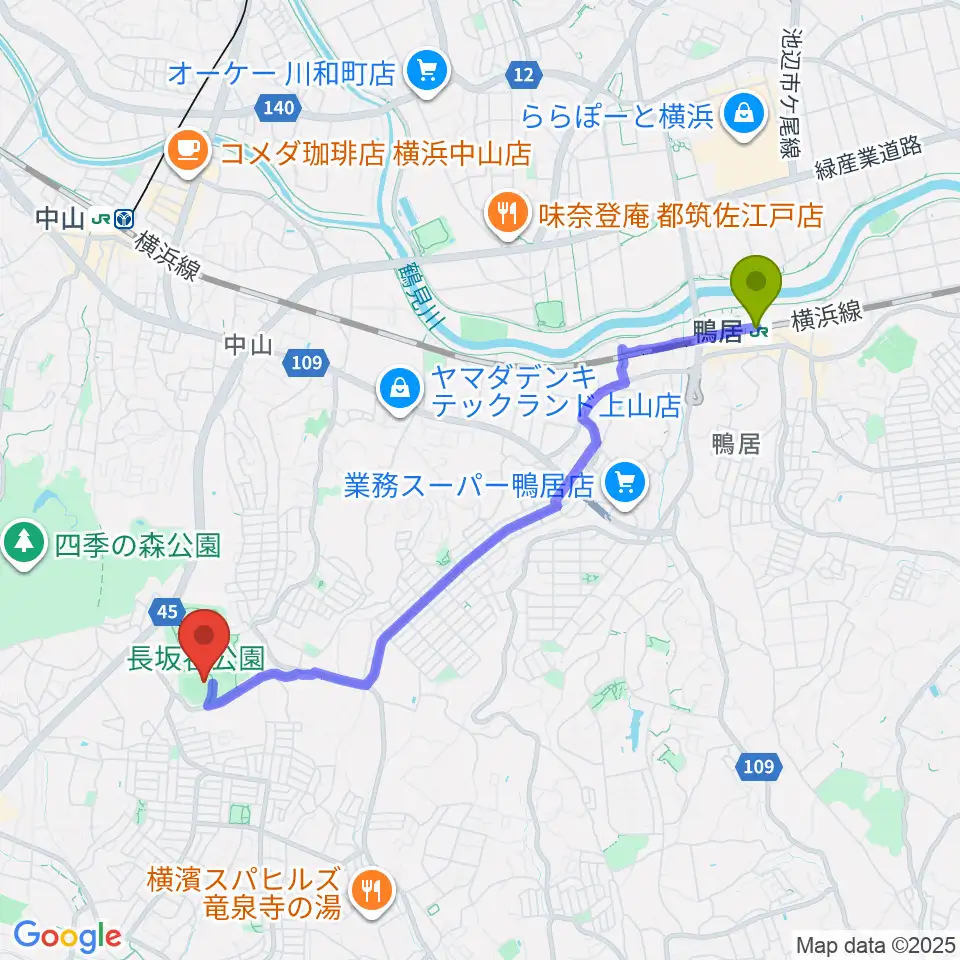 鴨居駅から長坂谷公園野球場へのルートマップ地図