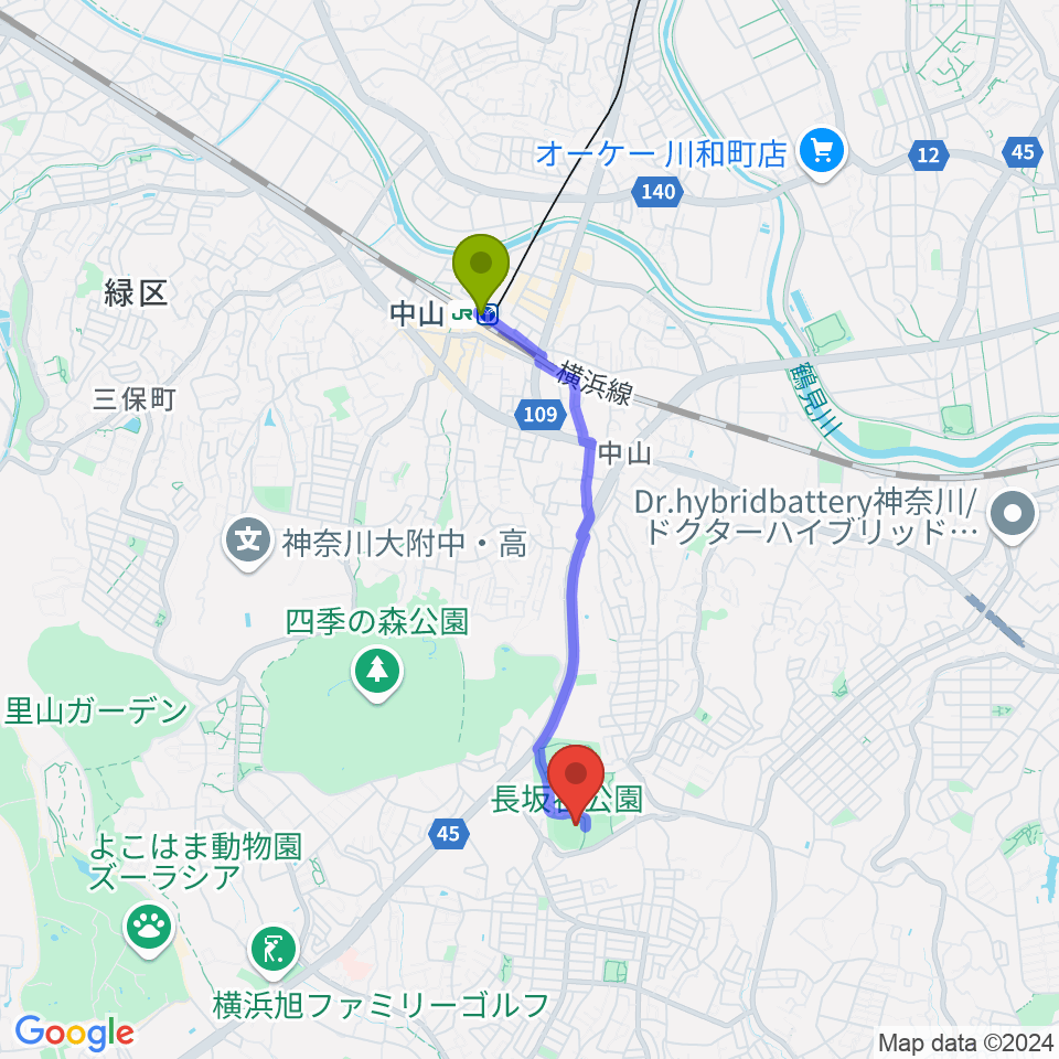 長坂谷公園野球場の最寄駅中山駅からの徒歩ルート（約30分）地図