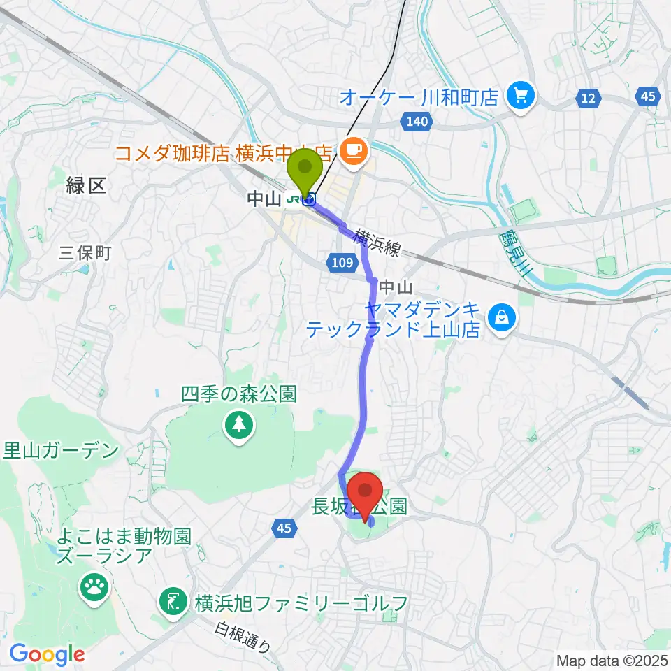 長坂谷公園野球場の最寄駅中山駅からの徒歩ルート（約30分）地図