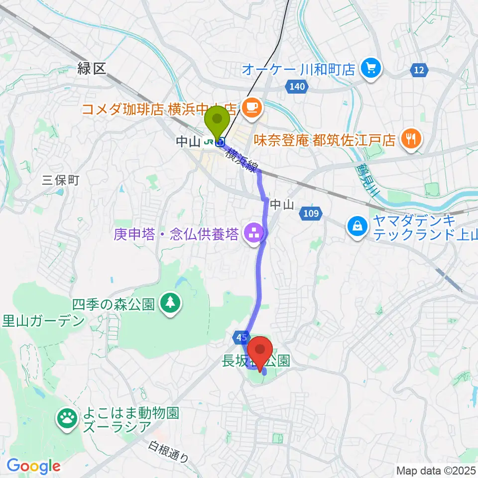 長坂谷公園野球場の最寄駅中山駅からの徒歩ルート（約30分）地図