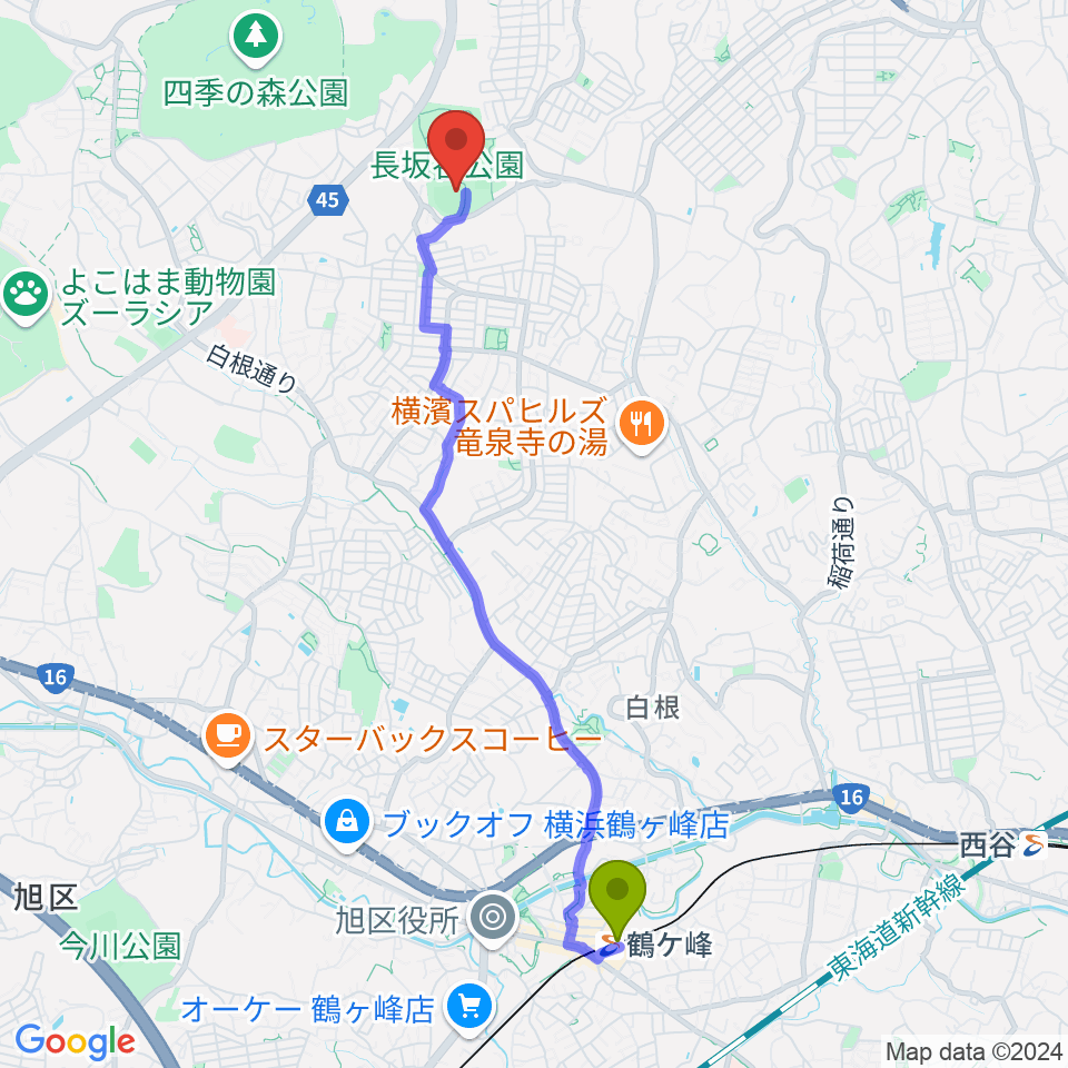 鶴ヶ峰駅から長坂谷公園野球場へのルートマップ地図