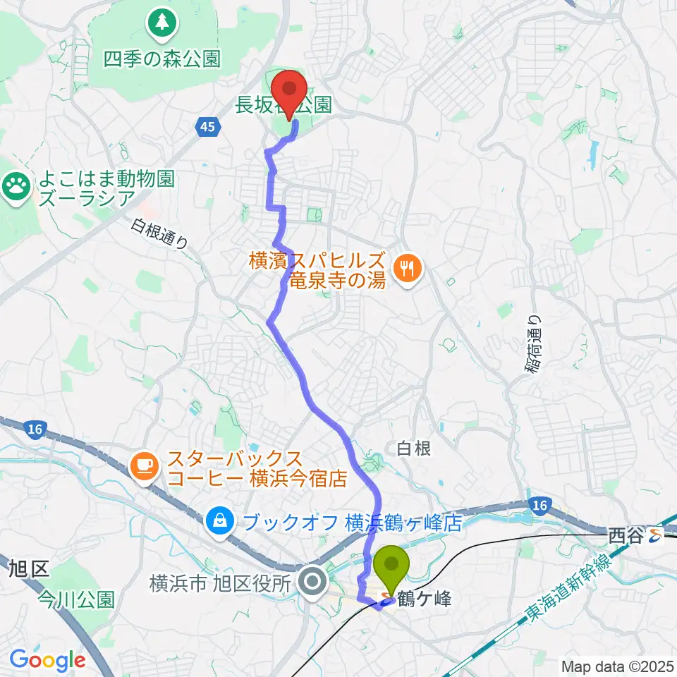 鶴ヶ峰駅から長坂谷公園野球場へのルートマップ地図