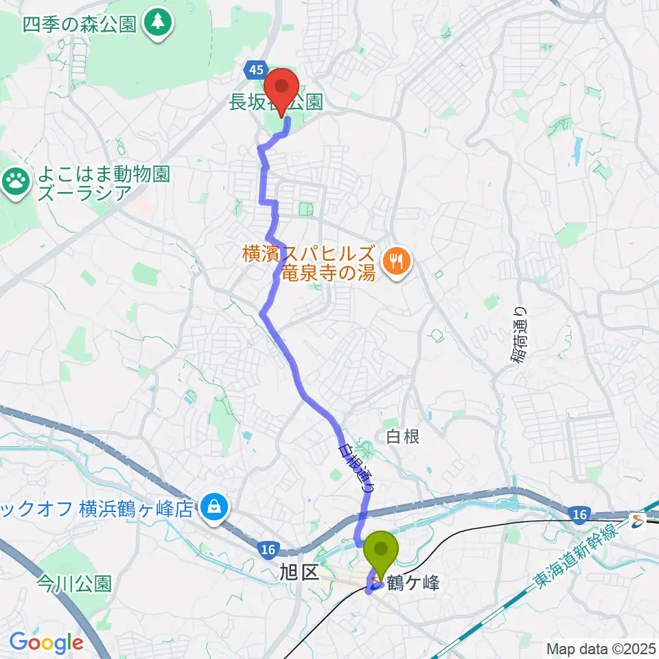 鶴ヶ峰駅から長坂谷公園野球場へのルートマップ地図