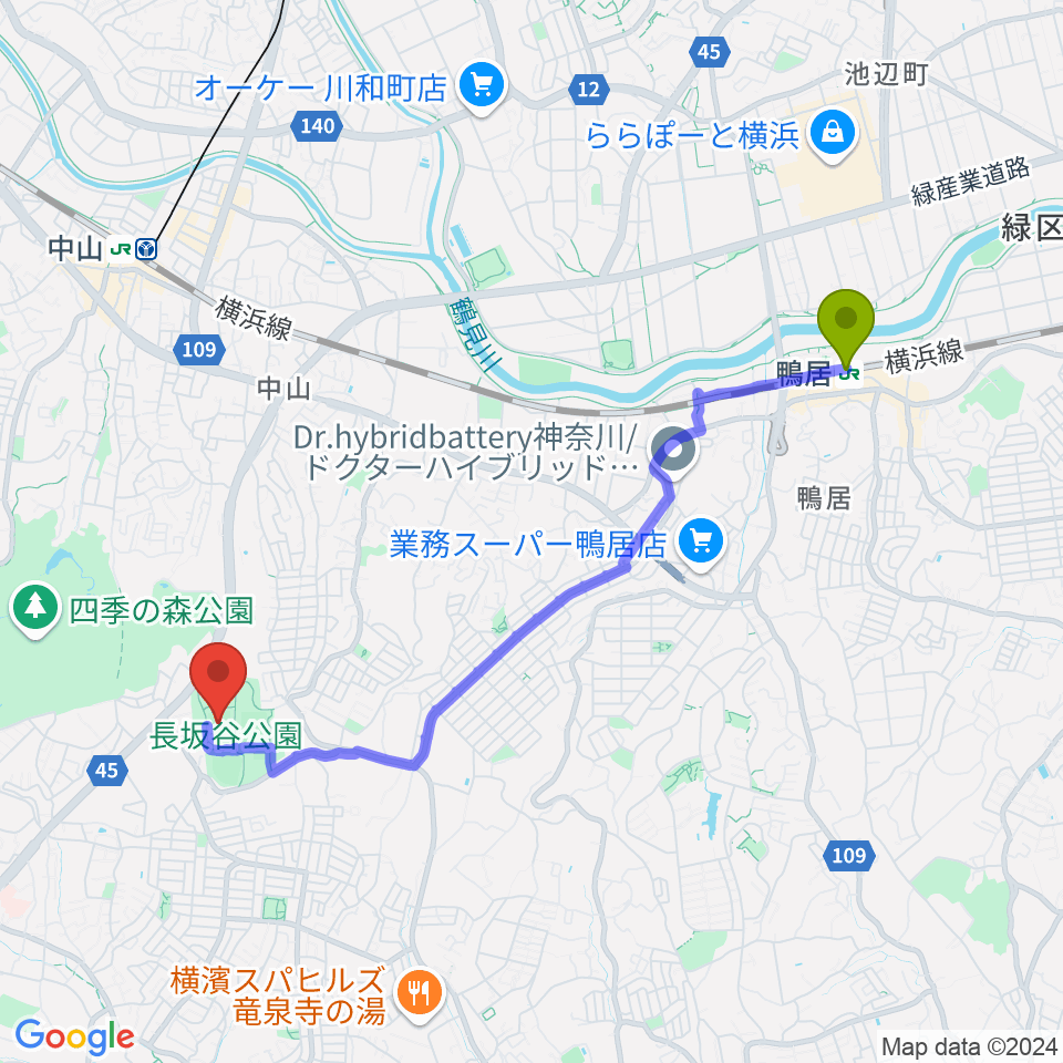 鴨居駅から長坂谷公園運動広場 へのルートマップ地図