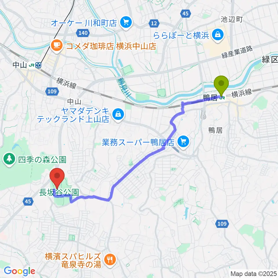 鴨居駅から長坂谷公園運動広場 へのルートマップ地図