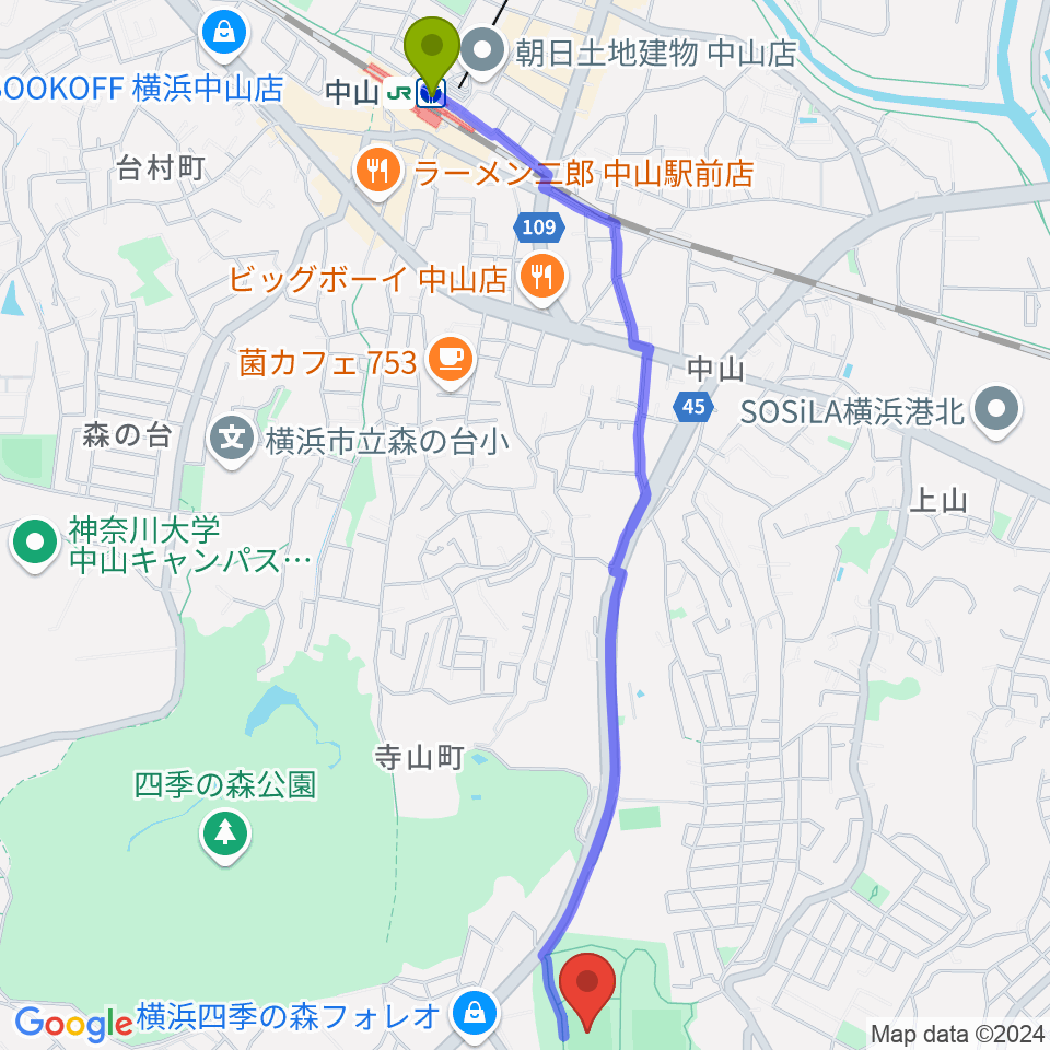 長坂谷公園運動広場 の最寄駅中山駅からの徒歩ルート（約28分）地図