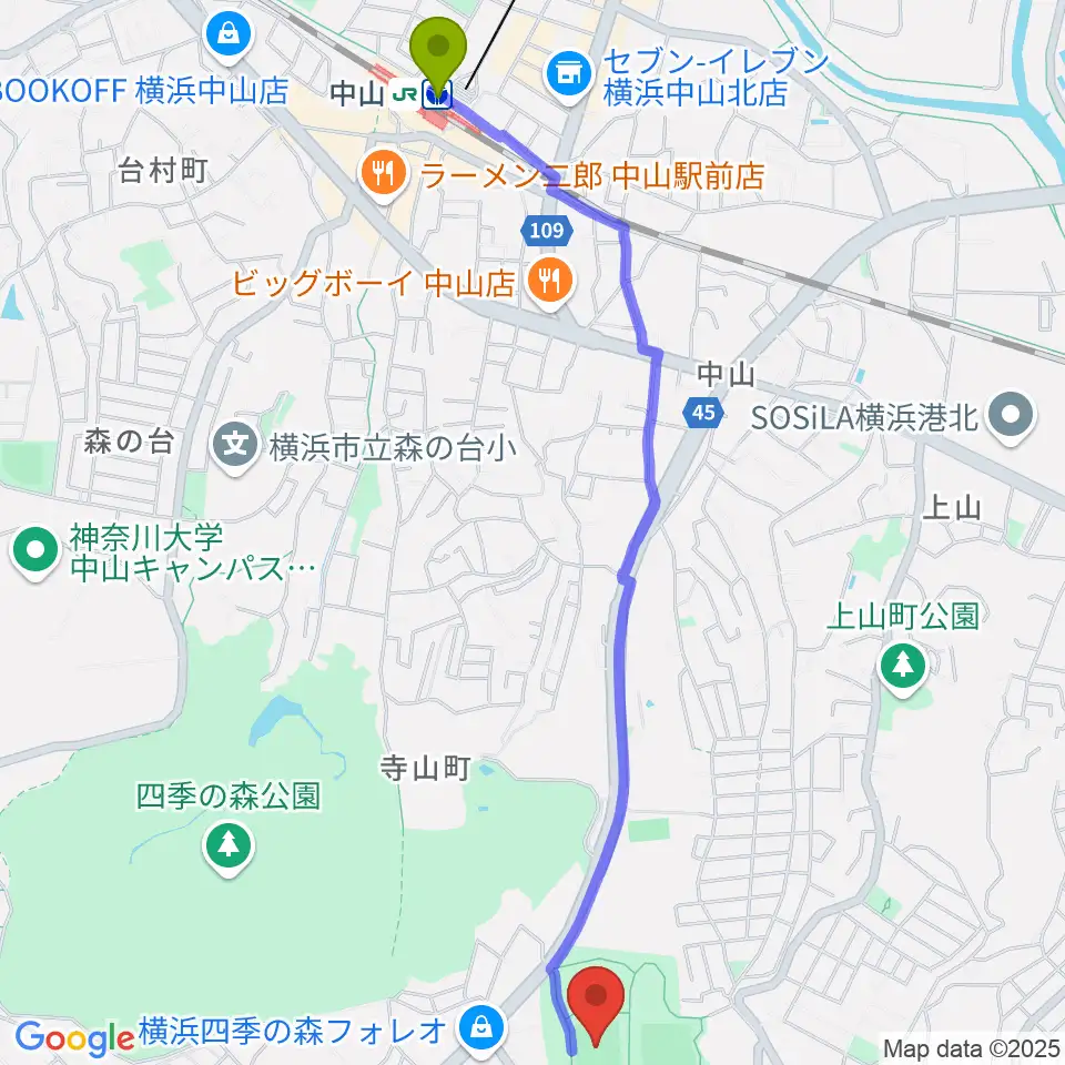 長坂谷公園運動広場 の最寄駅中山駅からの徒歩ルート（約28分）地図