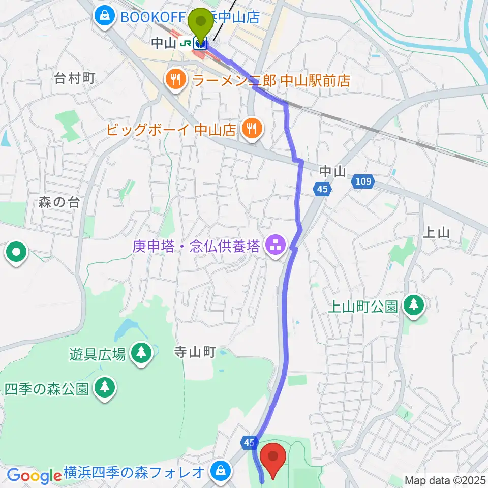 長坂谷公園運動広場 の最寄駅中山駅からの徒歩ルート（約28分）地図