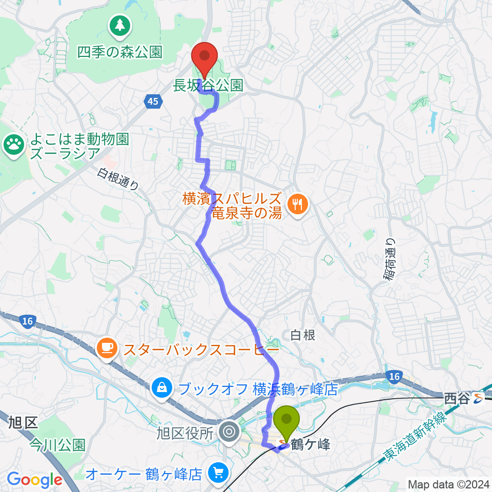 鶴ヶ峰駅から長坂谷公園運動広場 へのルートマップ地図