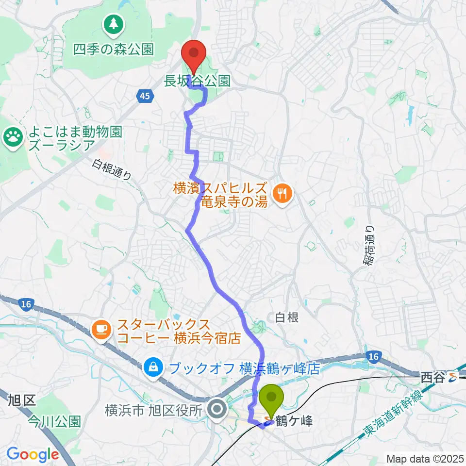 鶴ヶ峰駅から長坂谷公園運動広場 へのルートマップ地図