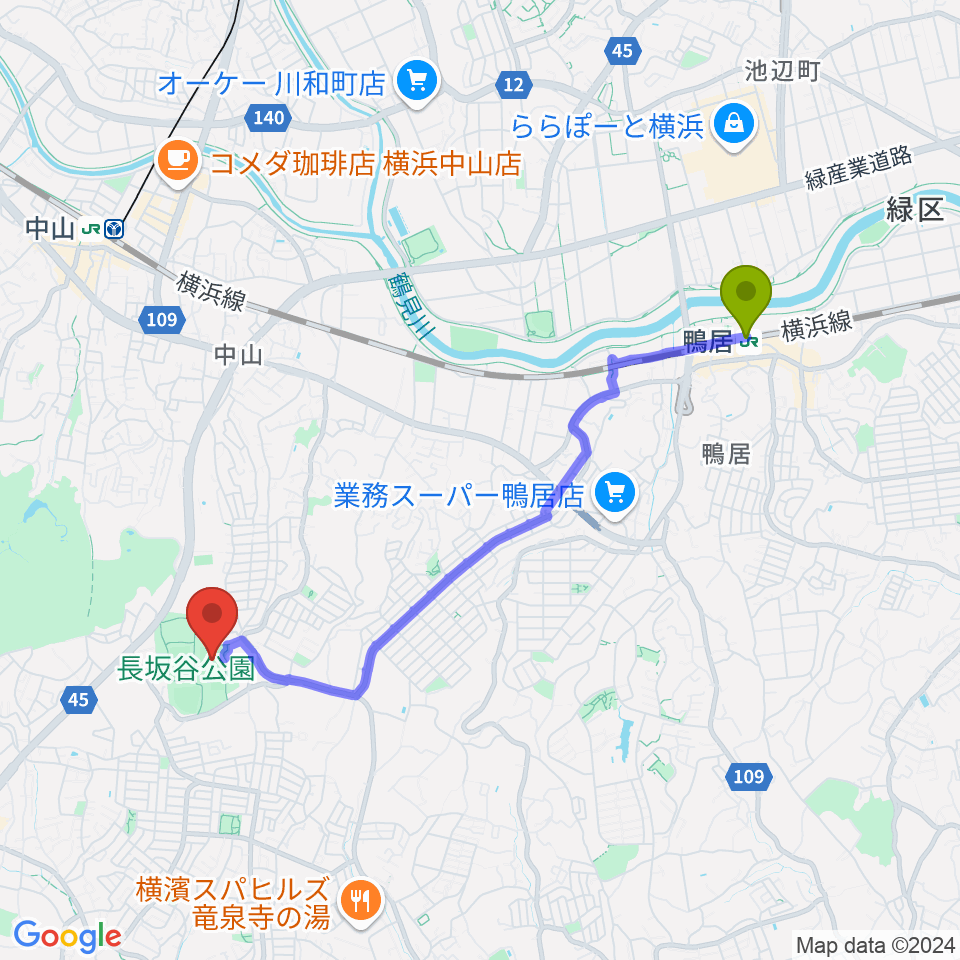 鴨居駅から長坂谷公園多目的広場 へのルートマップ地図