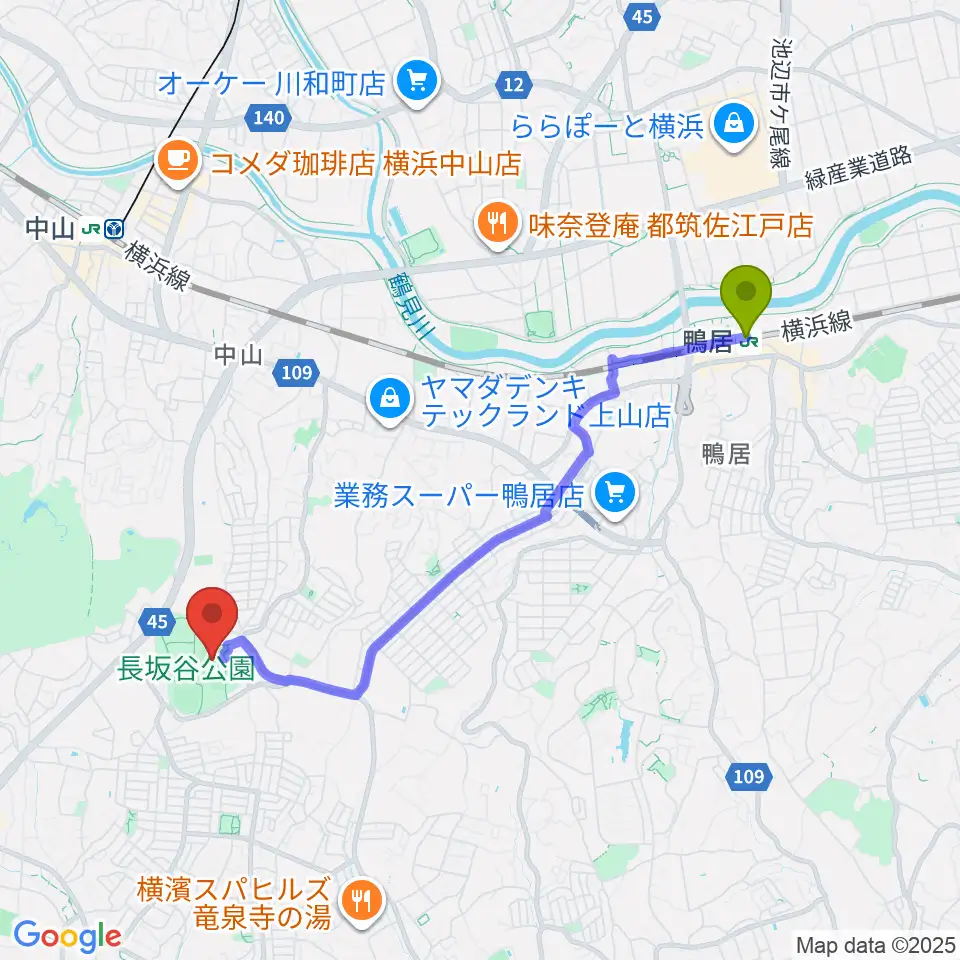 鴨居駅から長坂谷公園多目的広場 へのルートマップ地図