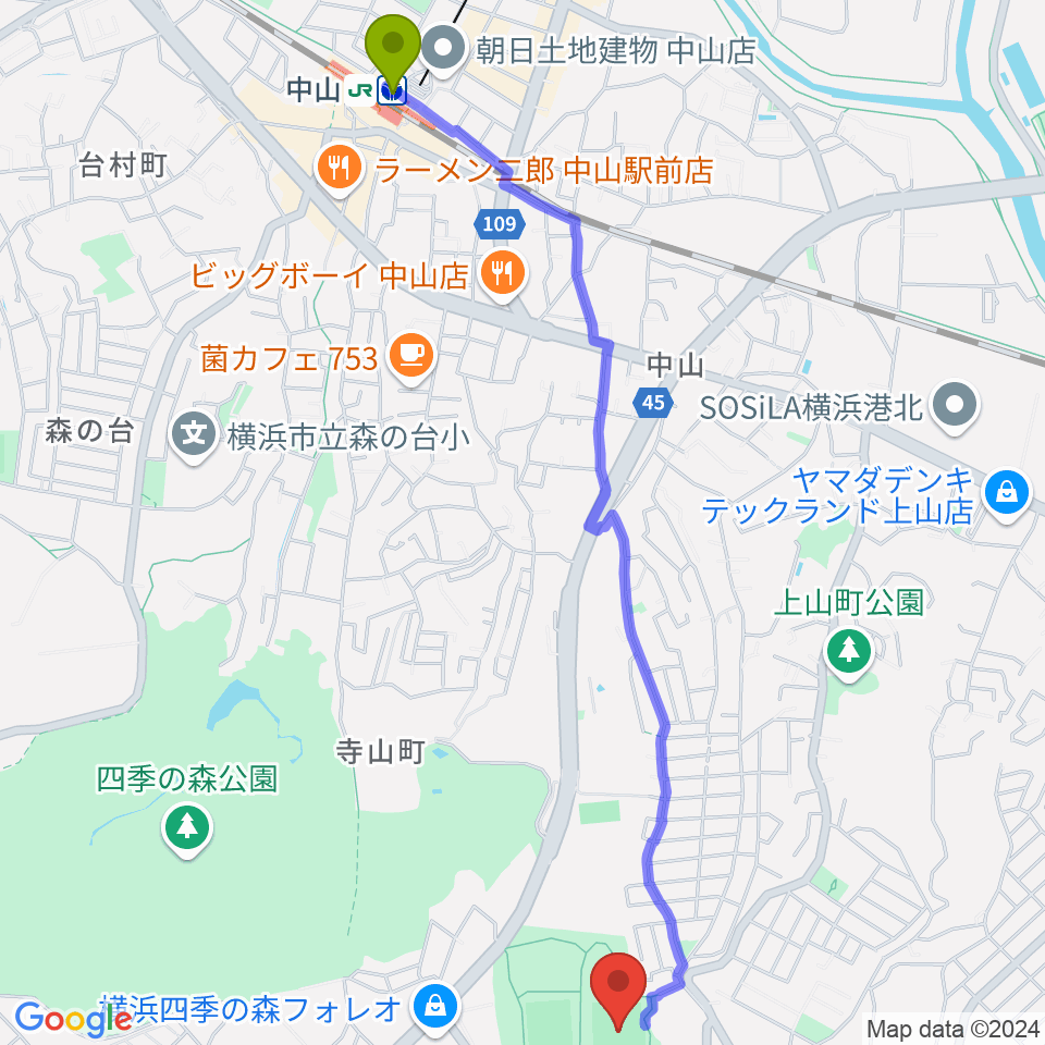 長坂谷公園多目的広場 の最寄駅中山駅からの徒歩ルート（約29分）地図